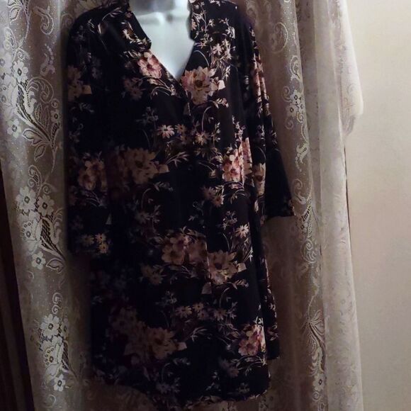 41 Hawthorn Women's Size S Brown Rust Floral 3/4 Sleeve Button Black Tunic Dress - Picture 1 of 11
